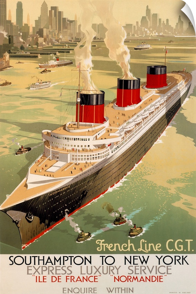 This travel poster shows massive ship departing the New York City harbor.