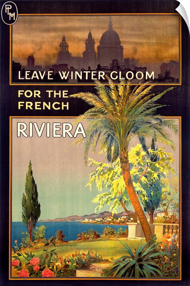 This vertical travel poster contrasts a dreary and polluted city with the colorful clear air of the Mediterranean.