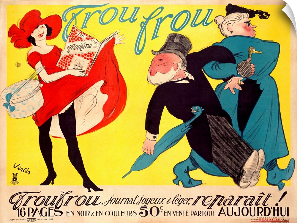 Vintage artwork showing a woman dragging her husband away from a younger girl wearing a bright red dress that she has lift...