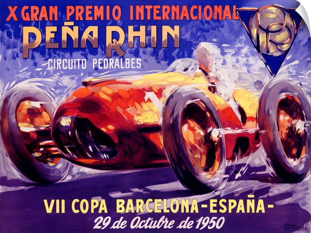 Classic advertisement for the Gran Premio Internacional car race Pena Rhin in Barcelona, Spain on October 9, 1950. A racec...