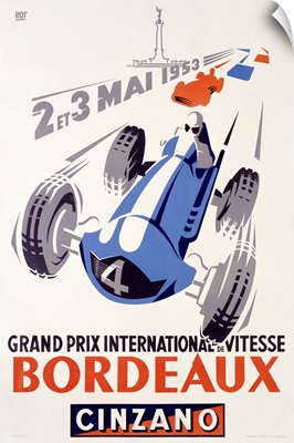 Grand Prix, Bordeaux, 1953, International de Vitesse, Vintage Poster