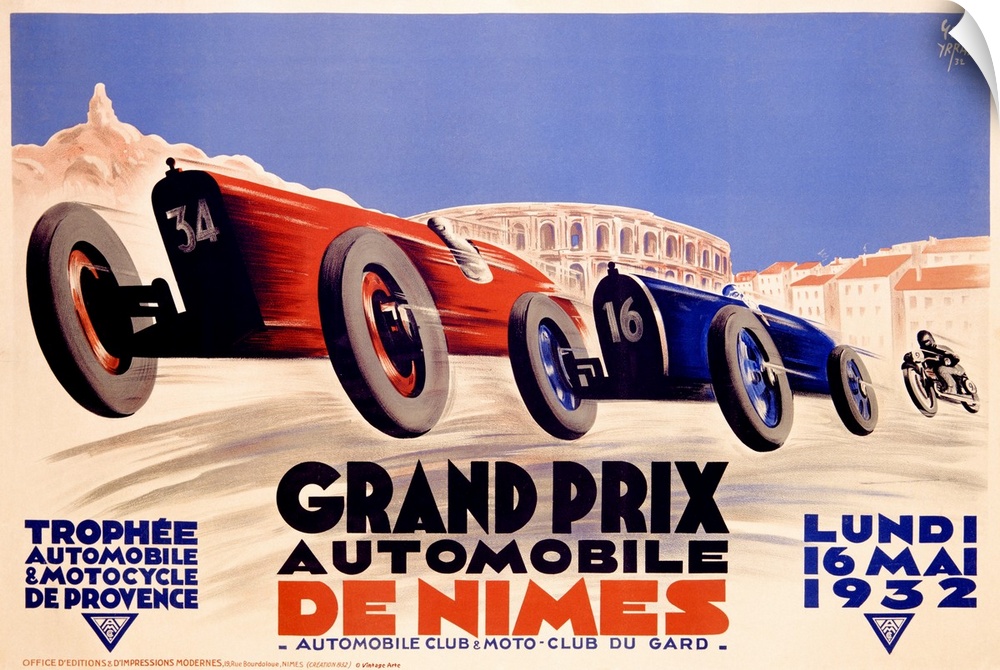 Classic promotional artwork for the 1932 Grand Prix de Nimes in France featuring two cars and a motorcycle racing on city ...