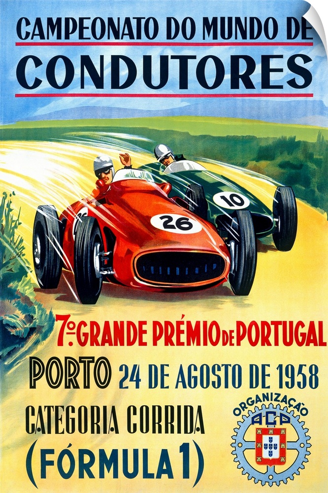 Vintage Formula 1 promotional poster of two racecars rounding the curve on a dusty track.
