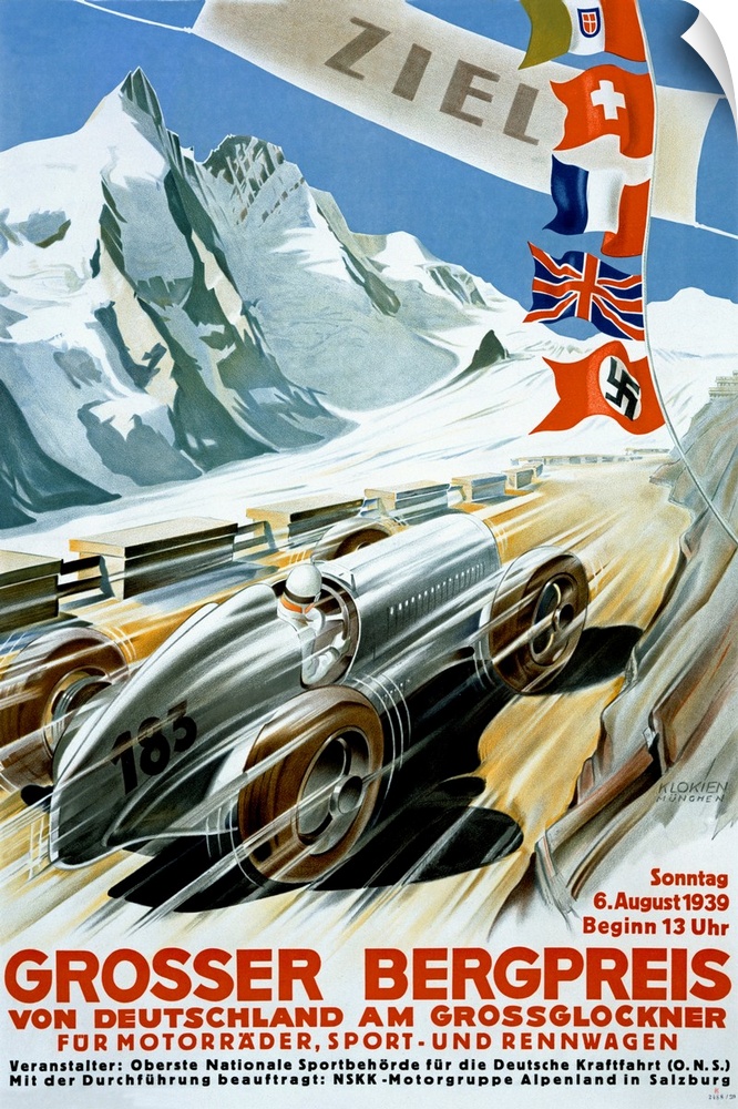 Vertical vintage advertisement on a large canvas for the 1939 Grand Prix in Germany.  A racing car streaks toward the fini...