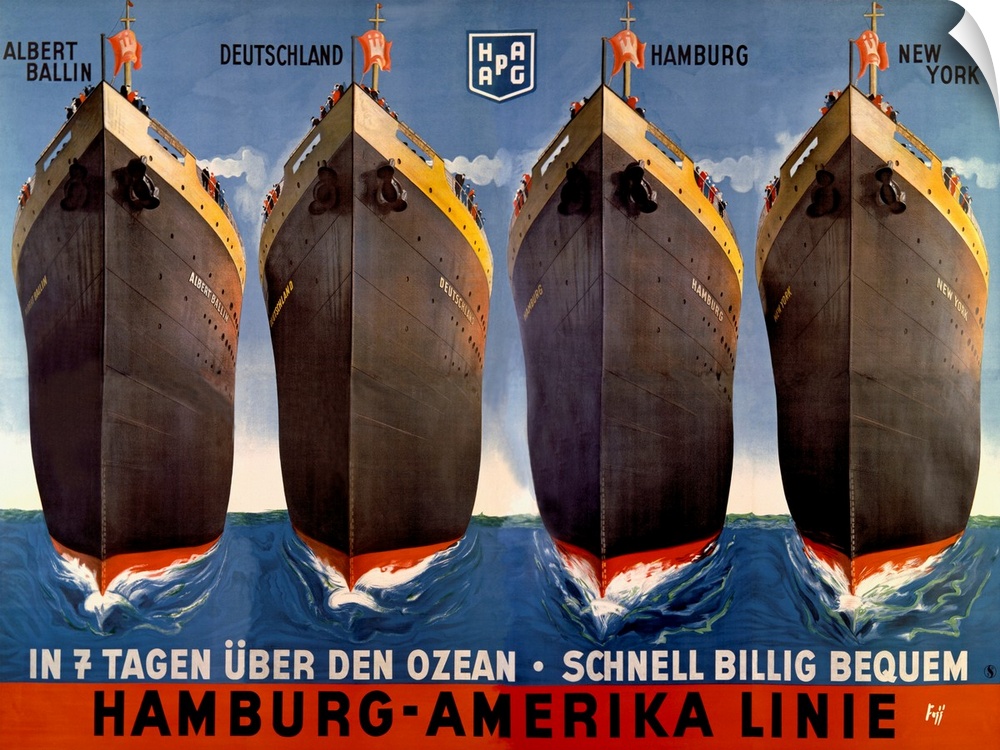 Vintage poster advertising ships.  There are four images of ships with the text "Alber Ballin, Deutschland, Hamburg, and N...