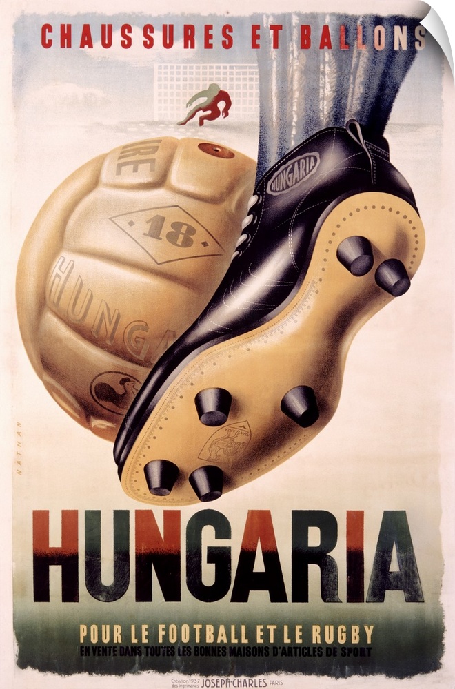 Large antique poster of a player kicking a ball towards a net.