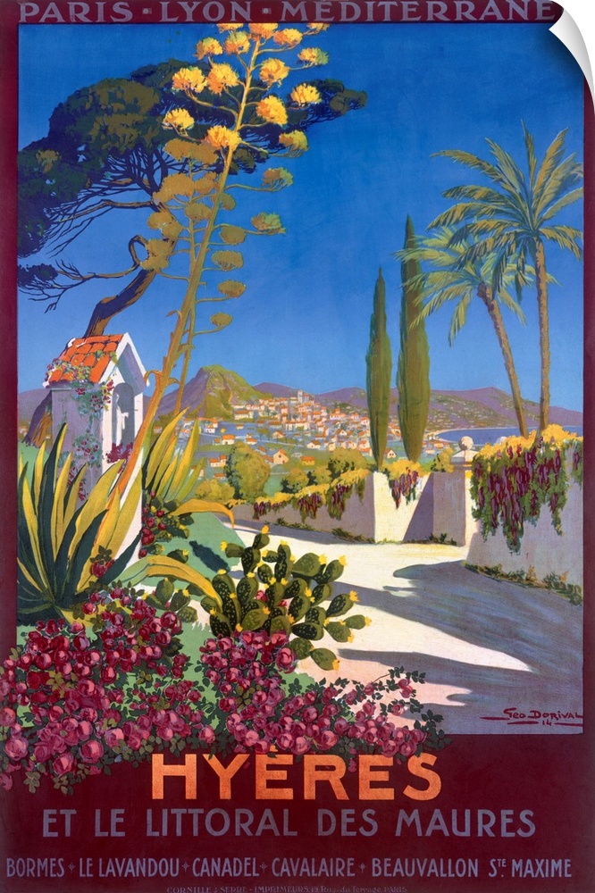 Giant, vertical, vintage advertisement for the French Riviera.  A scenic view of a road surrounded by flowers, trees and p...