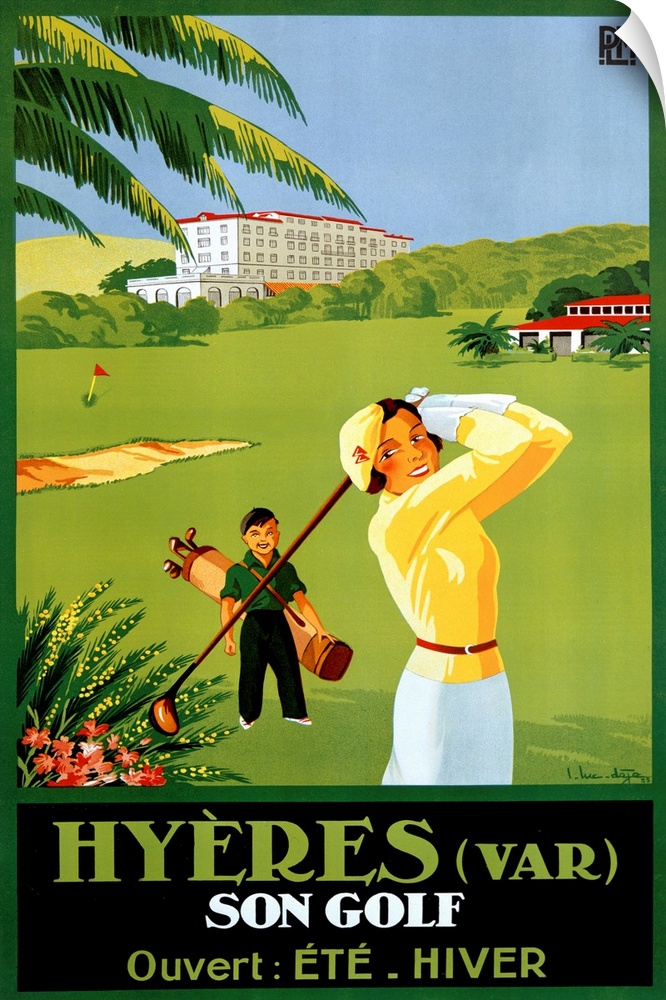 Vintage vertical advertisement for Hyeres Son Golf of a woman swinging a golf club, her caddy a young boy that stands behi...