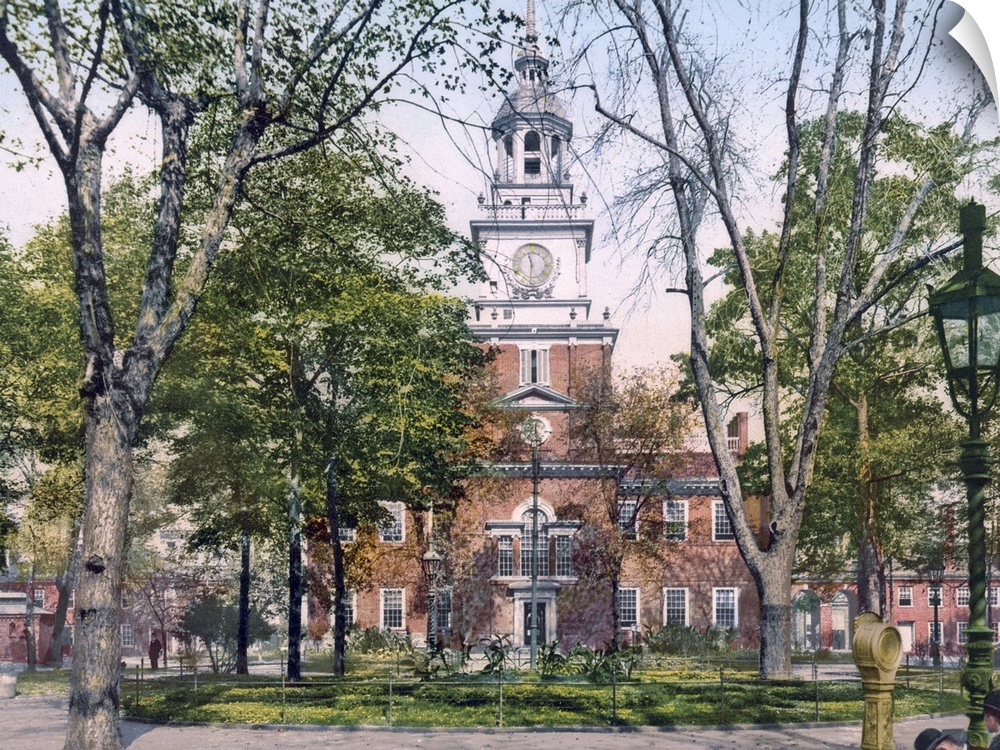Vintage, landscape photograph on a big canvas of Independence Hall seen through the trees in Philadelphia.
