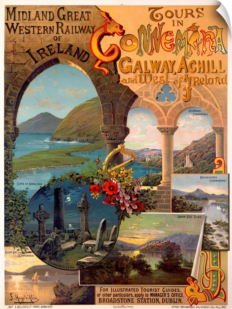 Tall antiqued poster of a collage of different Irish landscapes.