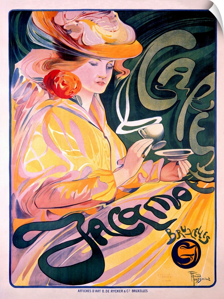 This vertical Art Nouveau advertisement with flowing hand drawn type shows a woman in an elaborate dress and hat drinking ...