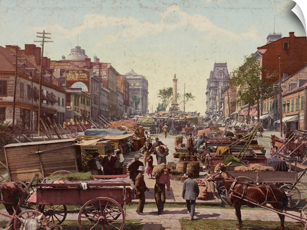 Hand colored photograph of Jacquas cartier square, Montreal.