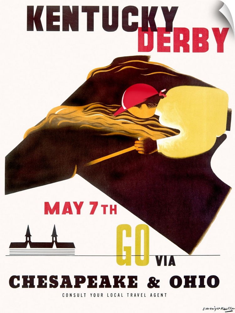 Portrait, large vintage advertisement for the Kentucky Derby.  An illustration of a jockey on a horse, with text above and...
