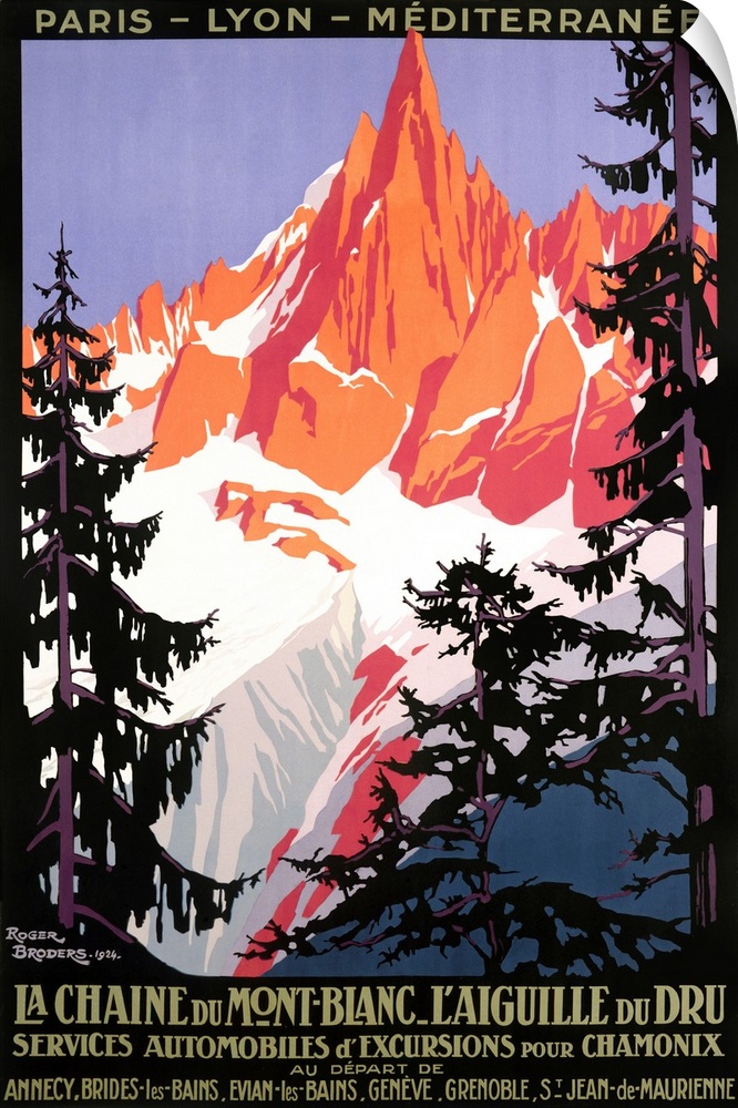 Vintage Art Deco travel poster advertising travel and tourism to Mont Blanc and the French Alps.