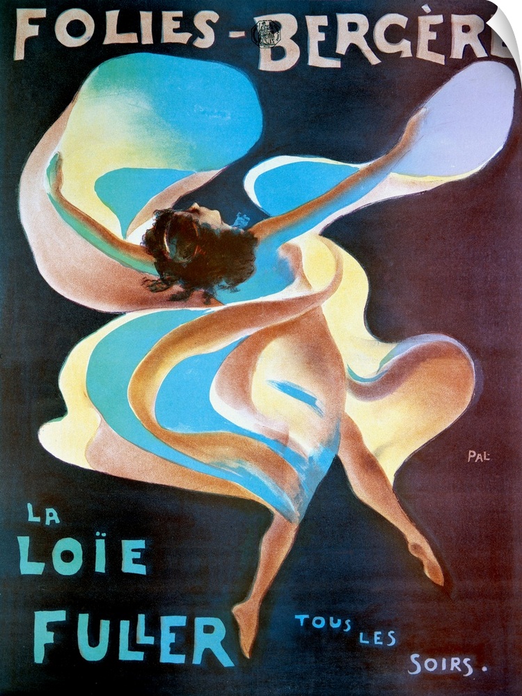 Vintage theater poster of a woman draped in flowing fabric dancing for a live entertainment act from France.