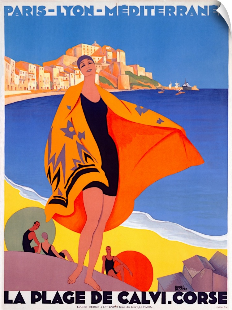 Photograph of classic Art Deco poster that is bold and colorful.  The poster captures the essence of vacation travel throu...
