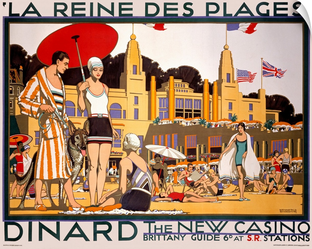 Oversized, landscape vintage art advertisement of many people in swimwear with umbrellas, on a beach in Dinard in front of...