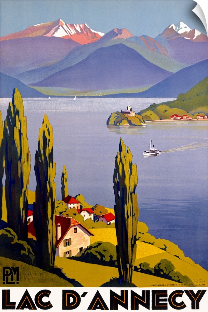 A scenic lake lined with small villages and surrounded by tall European mountains in this Art Deco travel poster.