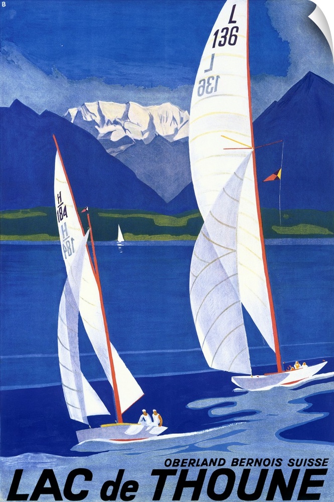 Old advertising poster artwork showing two sailboats racing in the water with golf course and snow covered mountains in di...