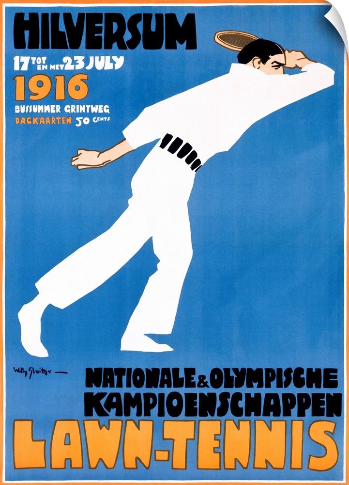 This is an Art Deco style poster in German advertising an even by showing a tennis player against a flat backdrop.