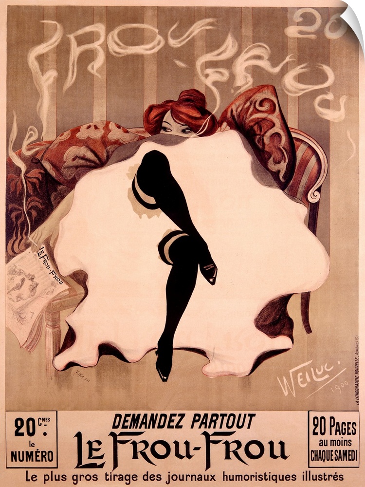 A classic poster with a woman sitting on a couch with her legs crossed and the layers of her dress shown covering her body...