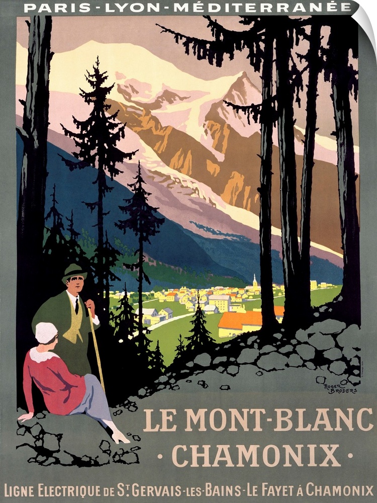 Portrait, large vintage, French advertisement for Le Mont Blanc, Chamonix, a man and woman take a rest on the edge of a pa...