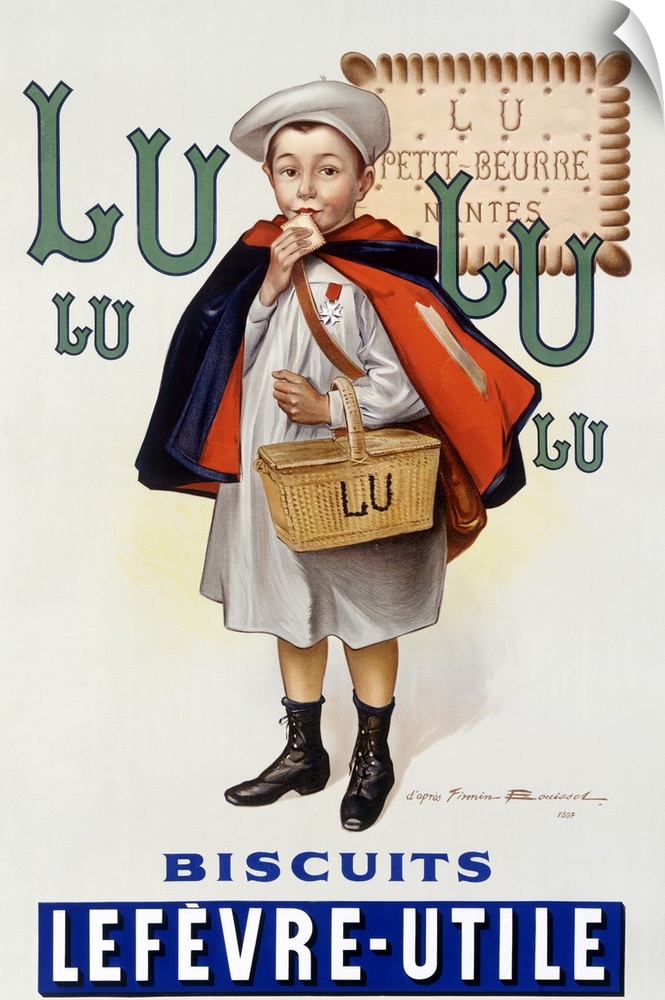 Retro poster on canvas of a painting of a boy holding a basket eating a biscuit.