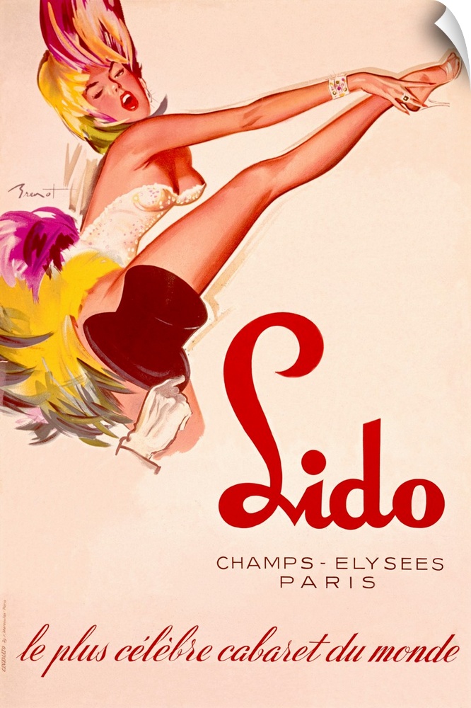 Illustration of a female cabaret dancer and a man's hand holding a top hat on an advertisement for a Paris attraction.