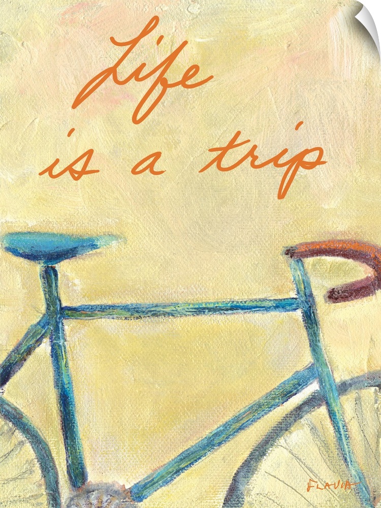 This artwork is a painting of a vintage racing bike with the text written above "Life is a trip".