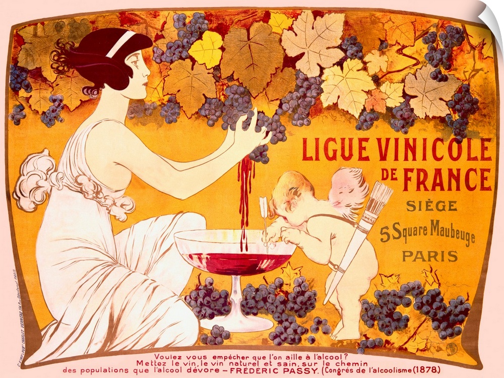 Vintage styled poster of a woman squeezing juice out of grapes in to a giant wine glass with cupid stirring the mixture wi...