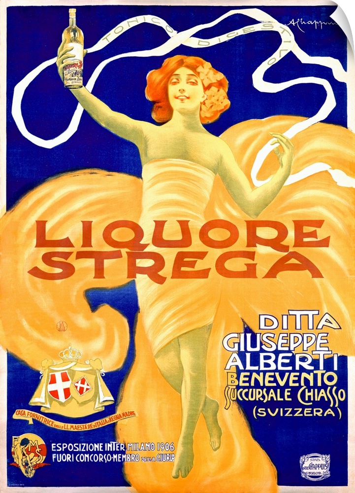 Wall art of an antiqued advertisement with a woman in a long dress holding up a wine bottle with text over top of the image.
