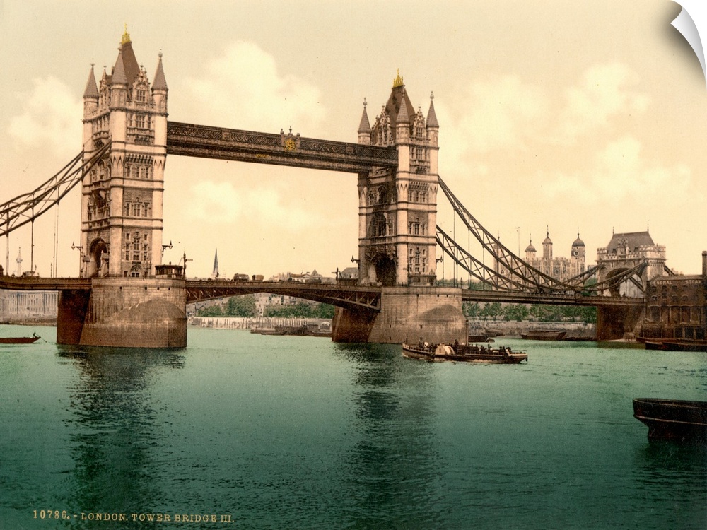 Hand colored photograph of London tower bridge.