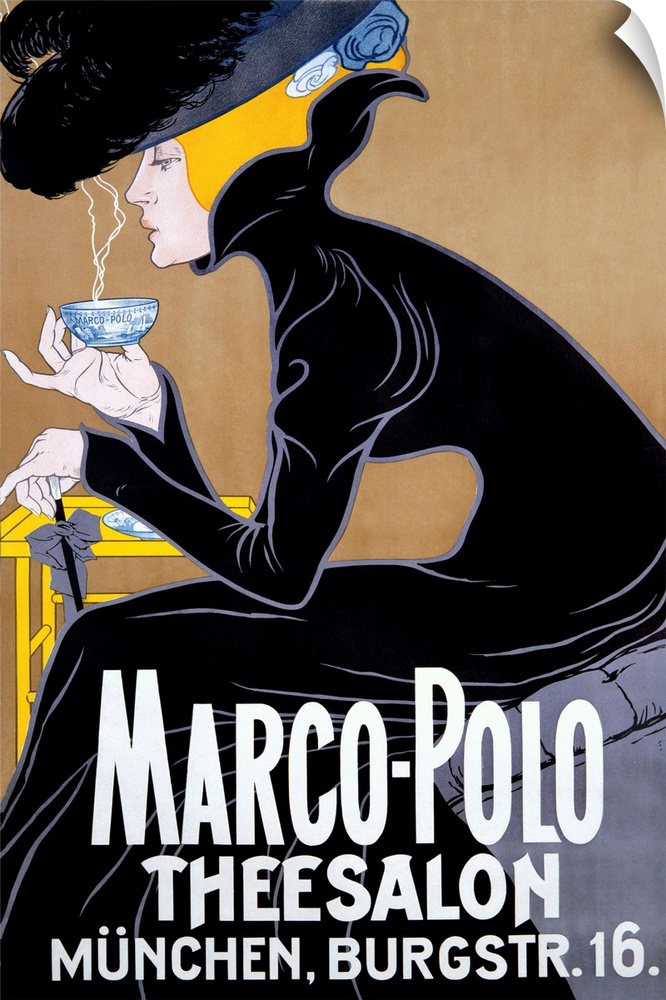 Vintage poster of a woman in a black dress wearing an elaborate black as she sits and hunches over to blow on her hot tea.