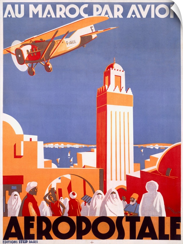 Vintage travel poster highlighting the Moroccan Aeropostale airline with a single engine plane flying over the city with p...