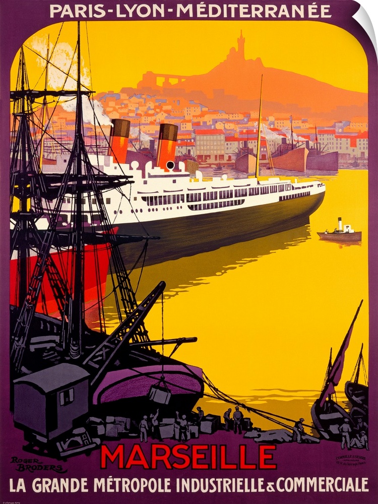 Art Deco style advertising print.  A huge ship with city in the distance and loading dock in the foreground.