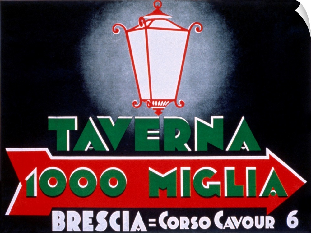 Vintage sign poster advertising an Italian Tavern with a street lamp and arrow.