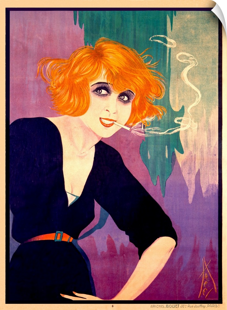 Old poster artwork of a woman hunched over smoking a cigarette with a colorful abstract background.