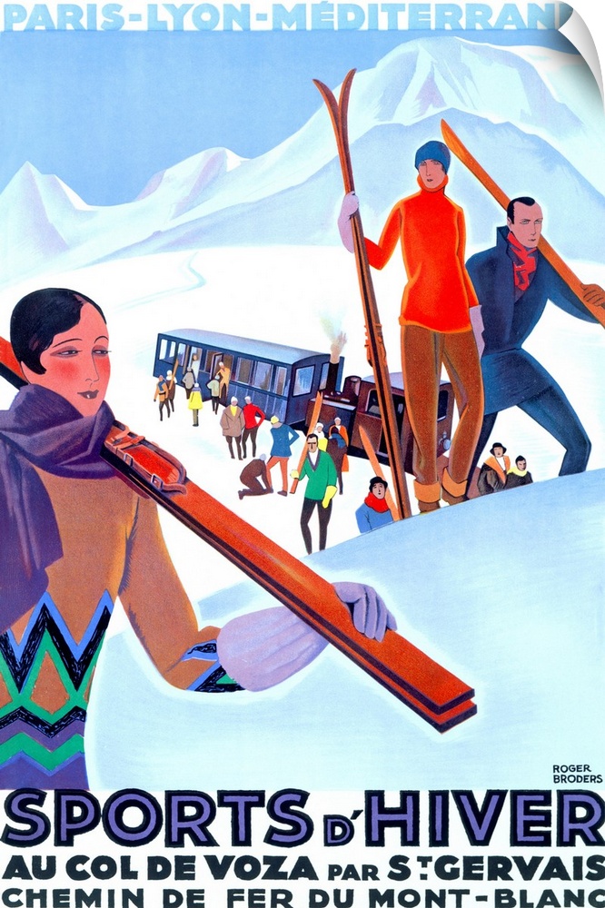 Old advertising poster for vacation travel.  Colorful image of skiers unloading from a trolley in snow covered mountains o...
