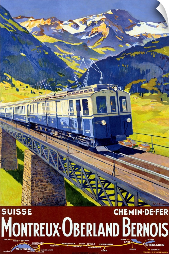 Old advertising print for train.  There is an image of train crossing a  bridge with snow covered mountains in the distance.