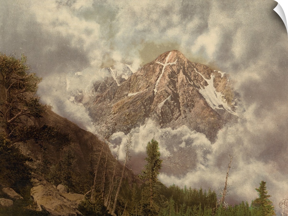 Hand colored photograph of mount of the holy cross in the clouds.