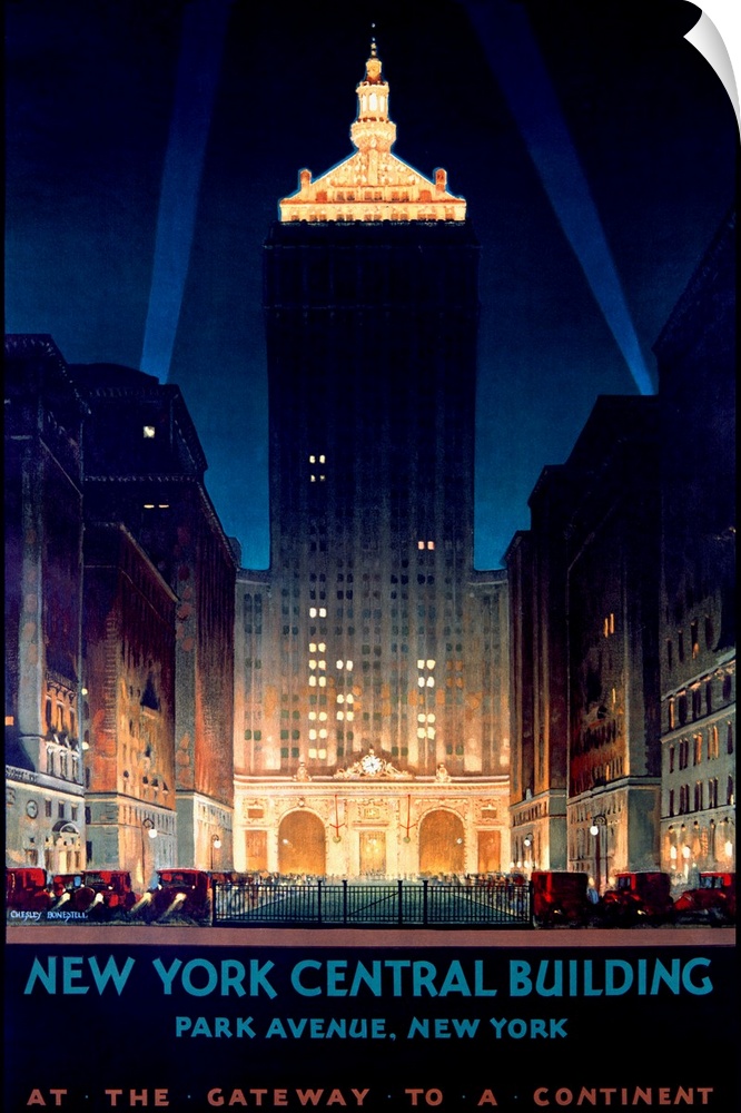 Large antique advertising art focuses on the Helmsley skyscraper located within Manhattan.  Towards the bottom of the piec...