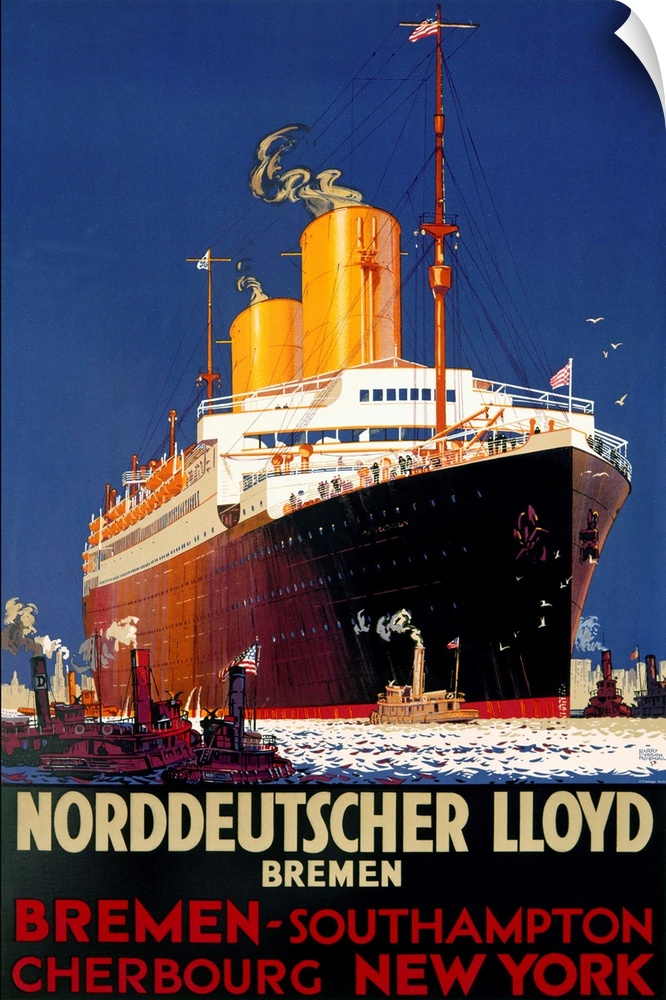 Old advertising print of a huge ship in the ocean surrounded by several other smaller ships.