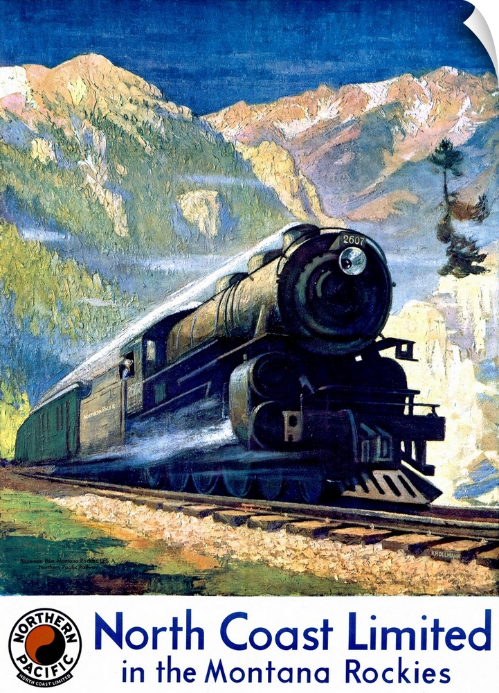Vertical, vintage, travel advertisement on a big canvas for Northern Pacific, of the North Coast Limited Railroad in the M...