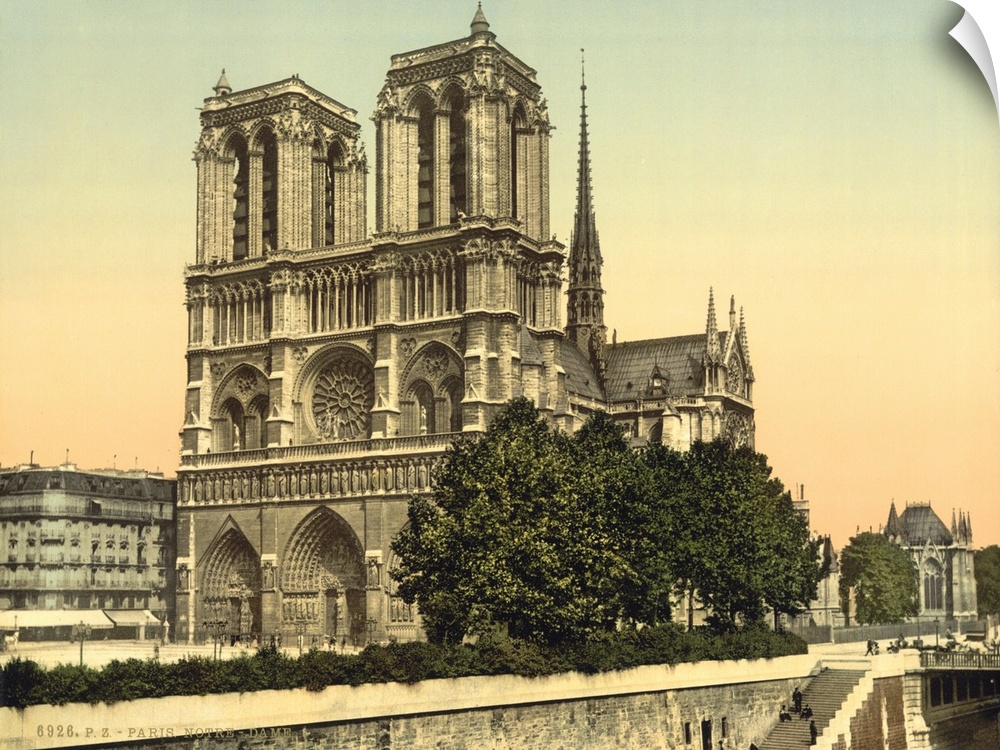 Hand colored photograph of Notre dame, Paris, France.