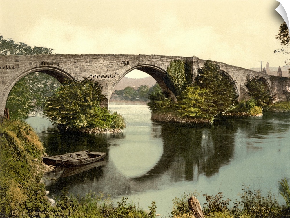 Hand colored photograph of old bridge, Stirling, Scotland.