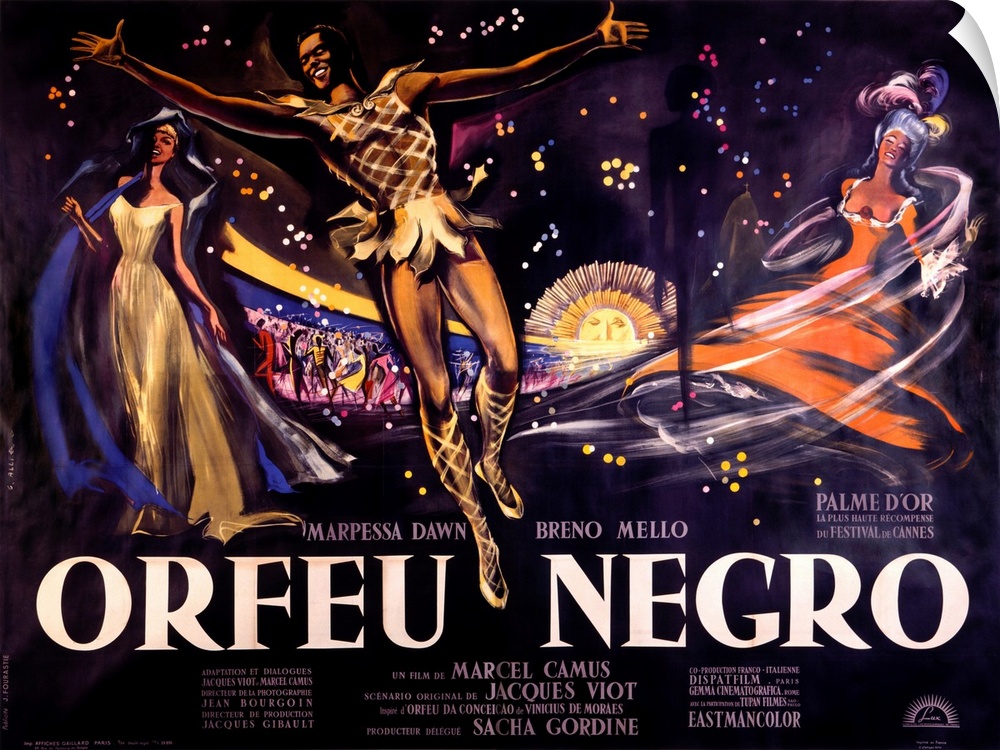 Vintage poster of the Orefu Negro. Three characters are drawn in the foreground all in movement and wearing decorative cos...
