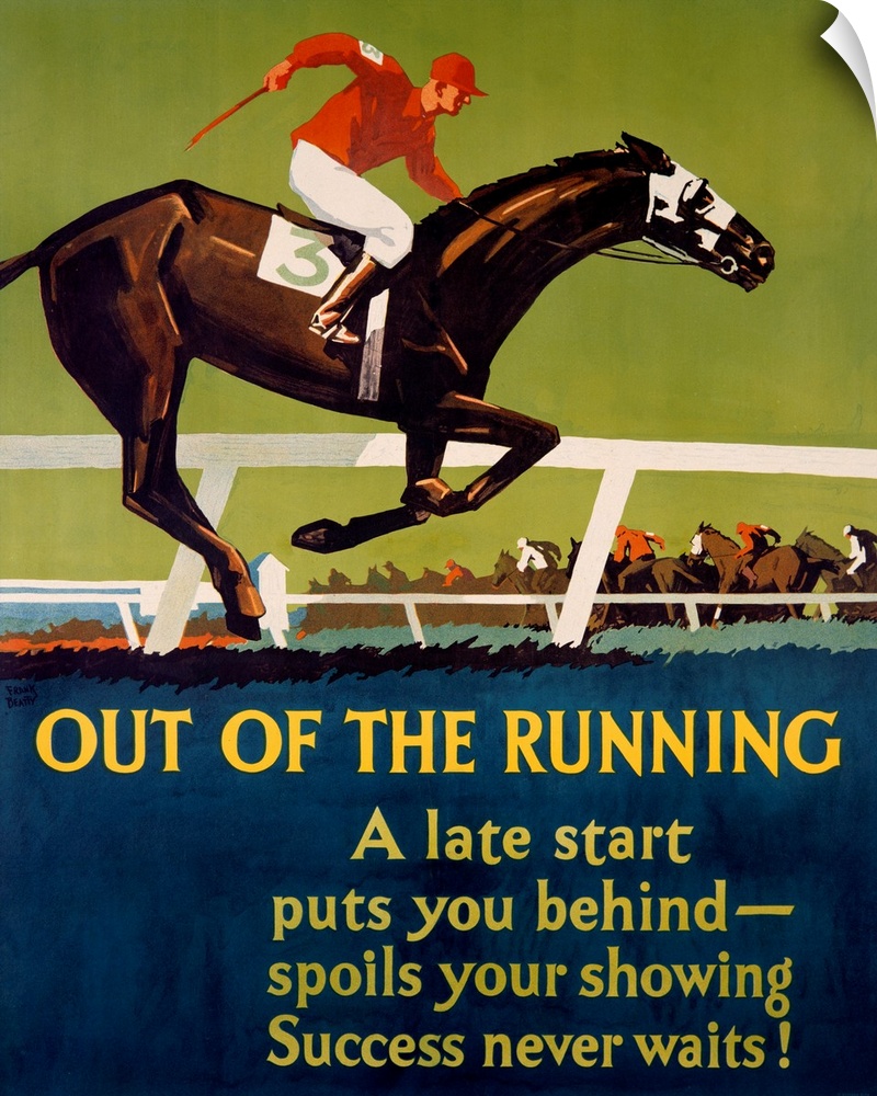 This antique artwork shows an illustration horse and jockey far behind the rest of the racers. The text at the bottom of t...