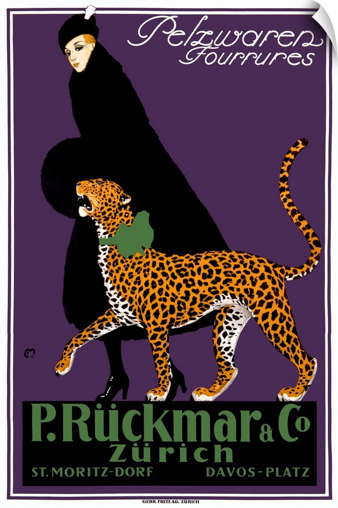 Vintage travel poster for Zurich of a woman in a black hat and dress coat walking side by side a growling leopard with a g...