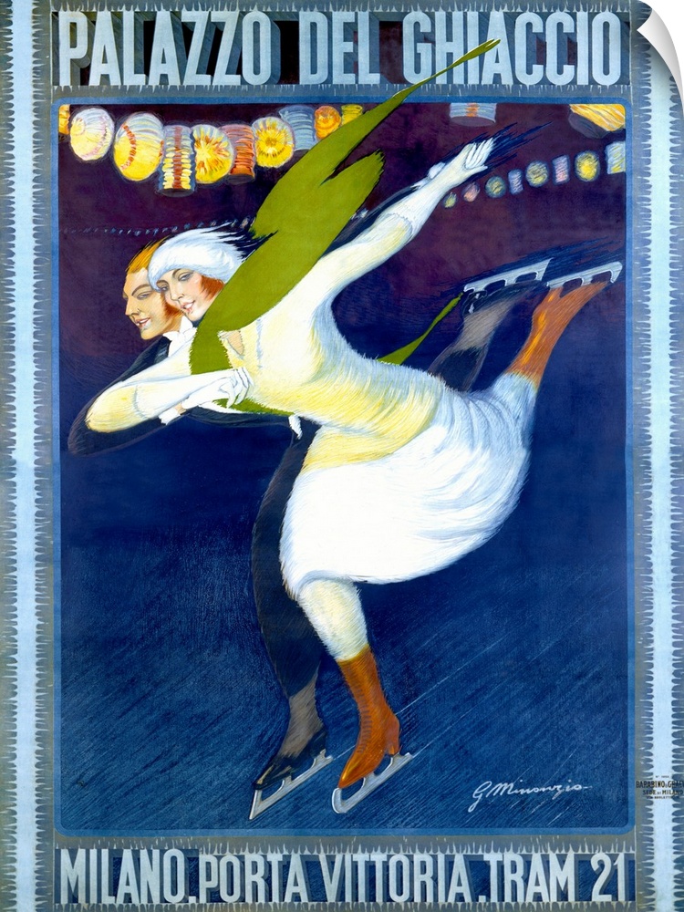 Vertical, vintage advertisement on a large wall hanging, for Palazzo Del Ghiaccio, featuring a man and woman ice skating t...