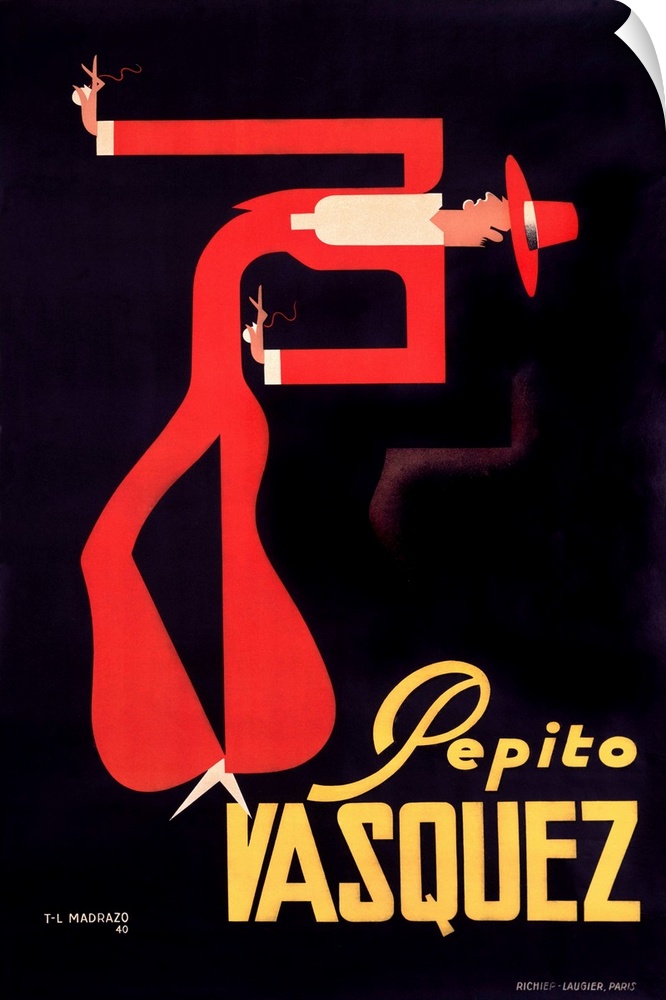Vintage advertisement featuring a Spanish dancer with a sharp red hat and a matching suit, done in a minimalist style.